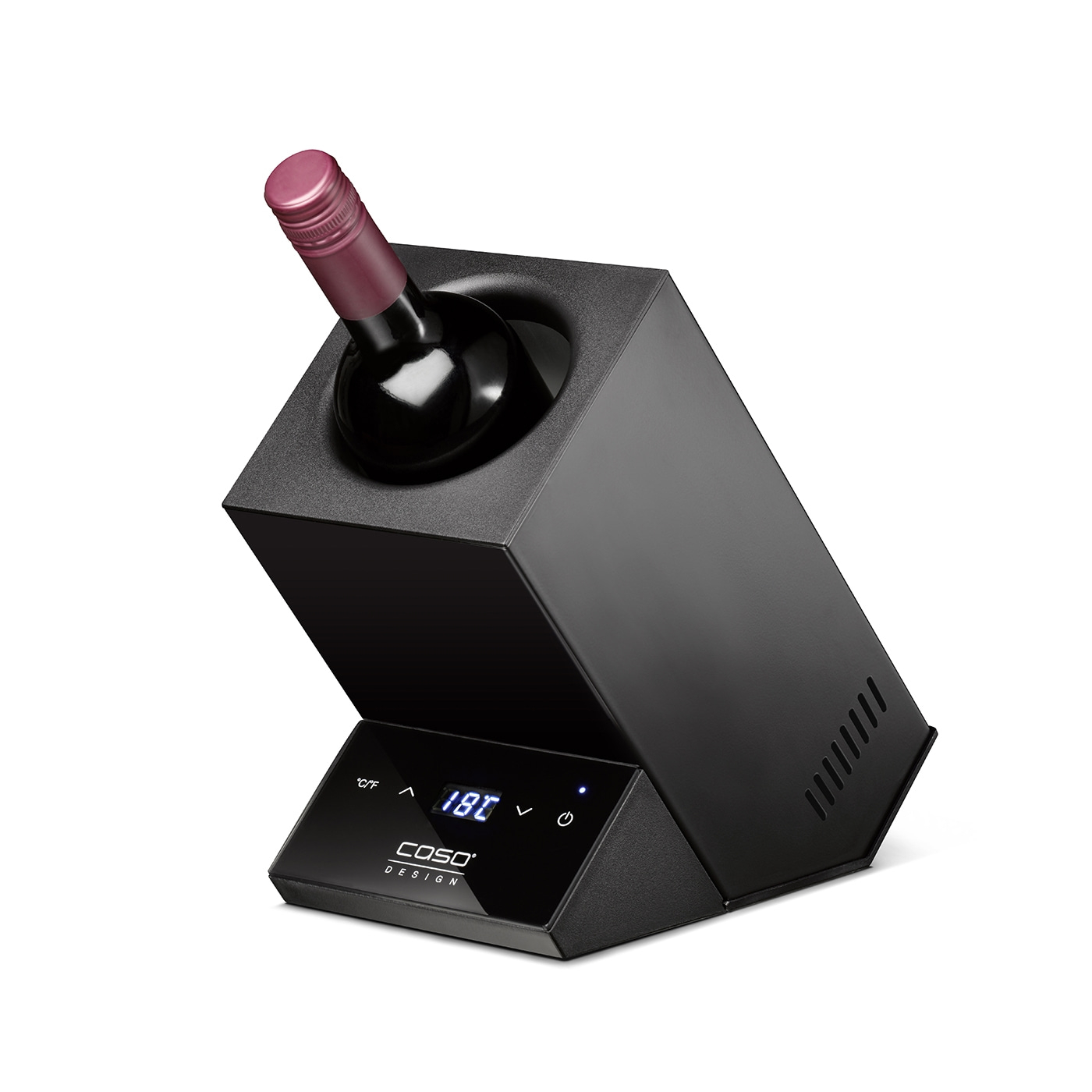 Schwarzer Weinkühler mit Flasche und Temperaturanzeige, COSO Design.
