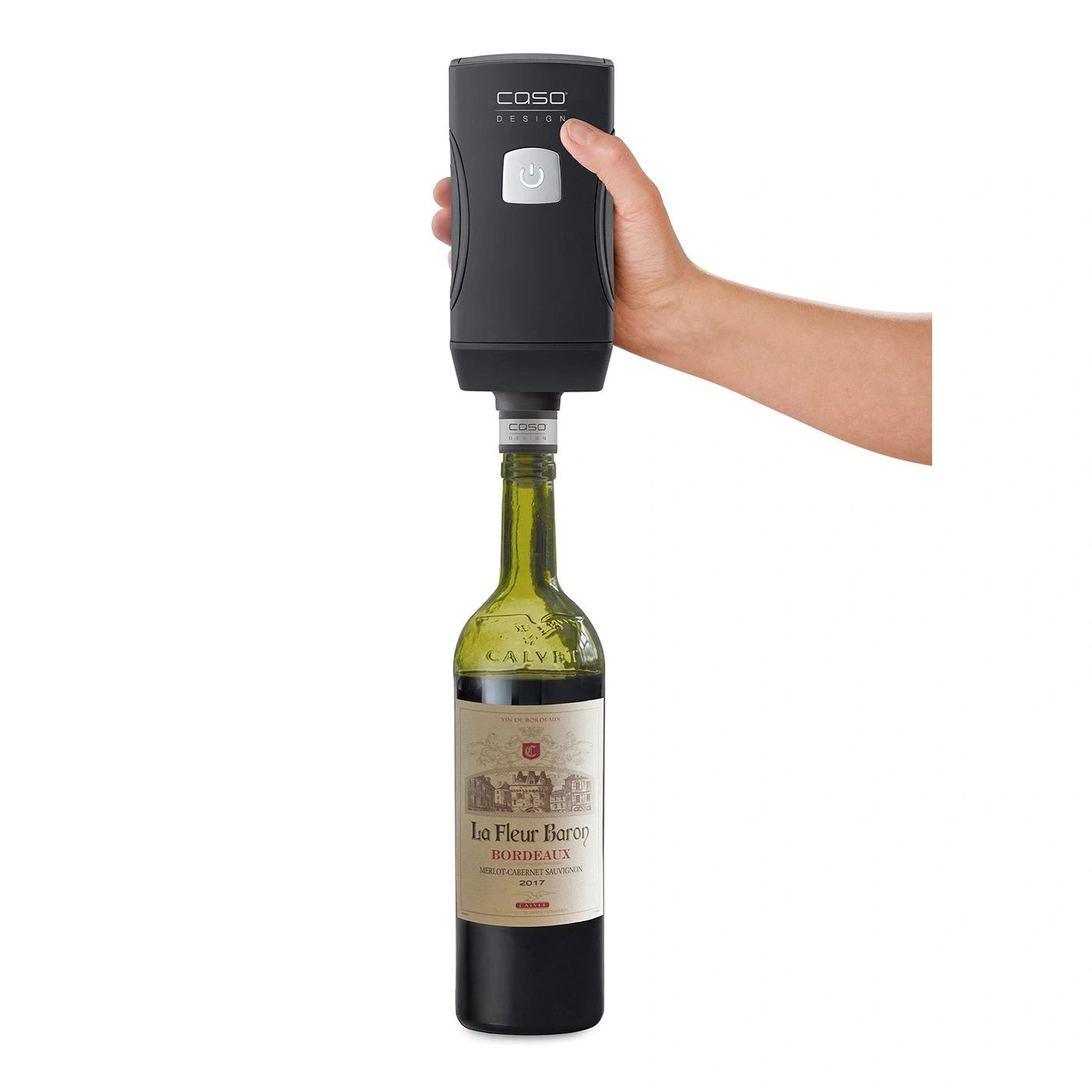 Wine bottle with wine pourer, La Fleur Baron Bordeaux, 2017, Caso Design