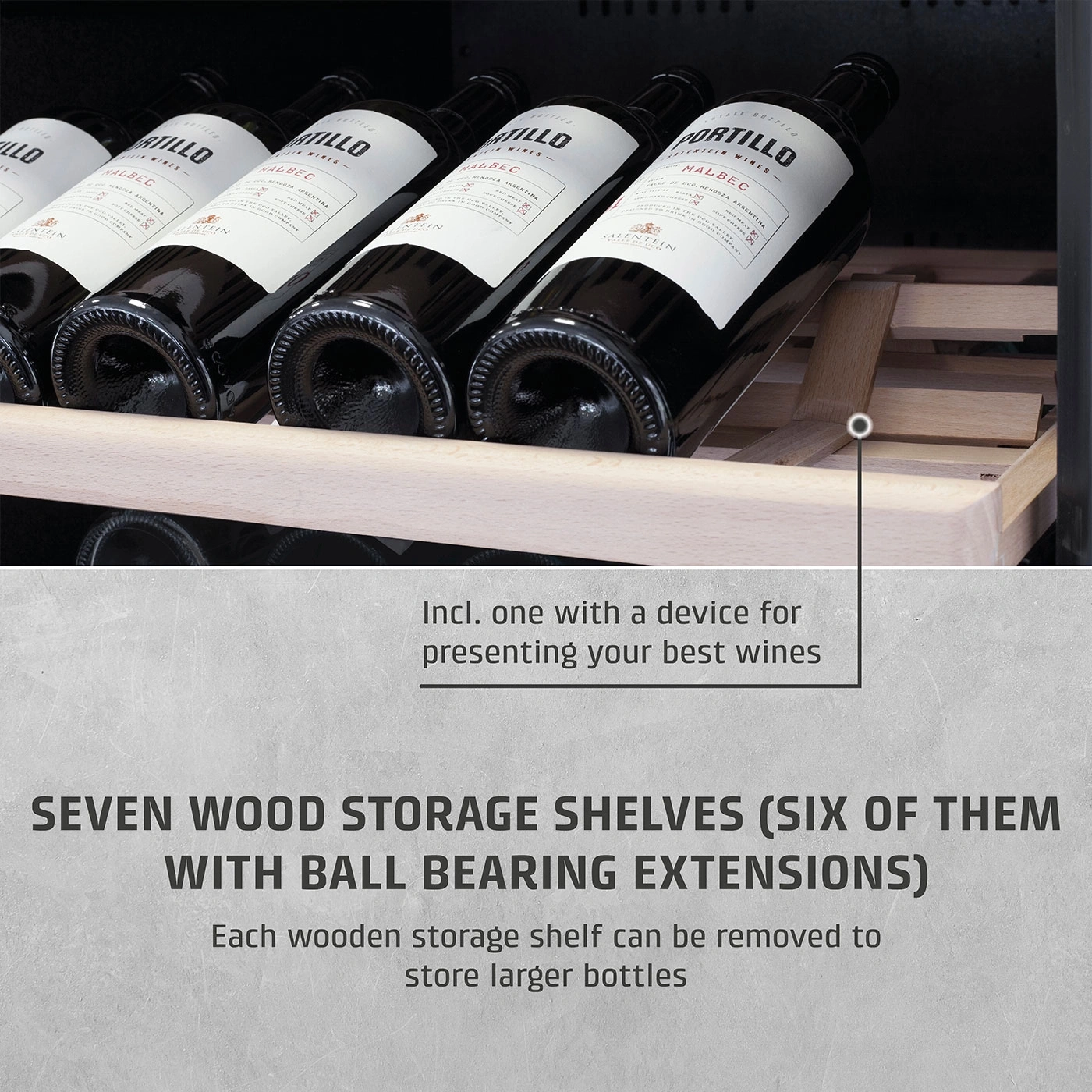 Wine cooler with wooden shelves and wine bottles, presentation device, Malbec wine