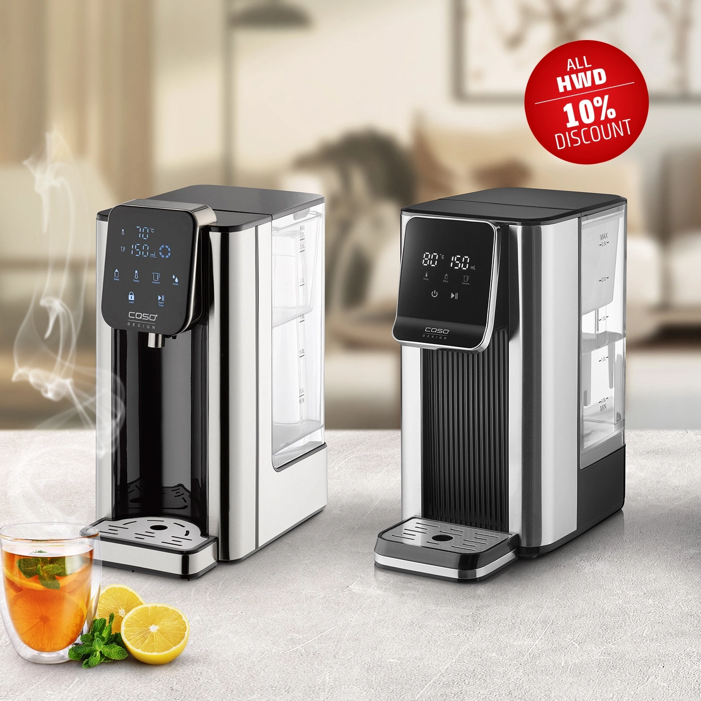Two water dispensers with a glass of tea and lemon.