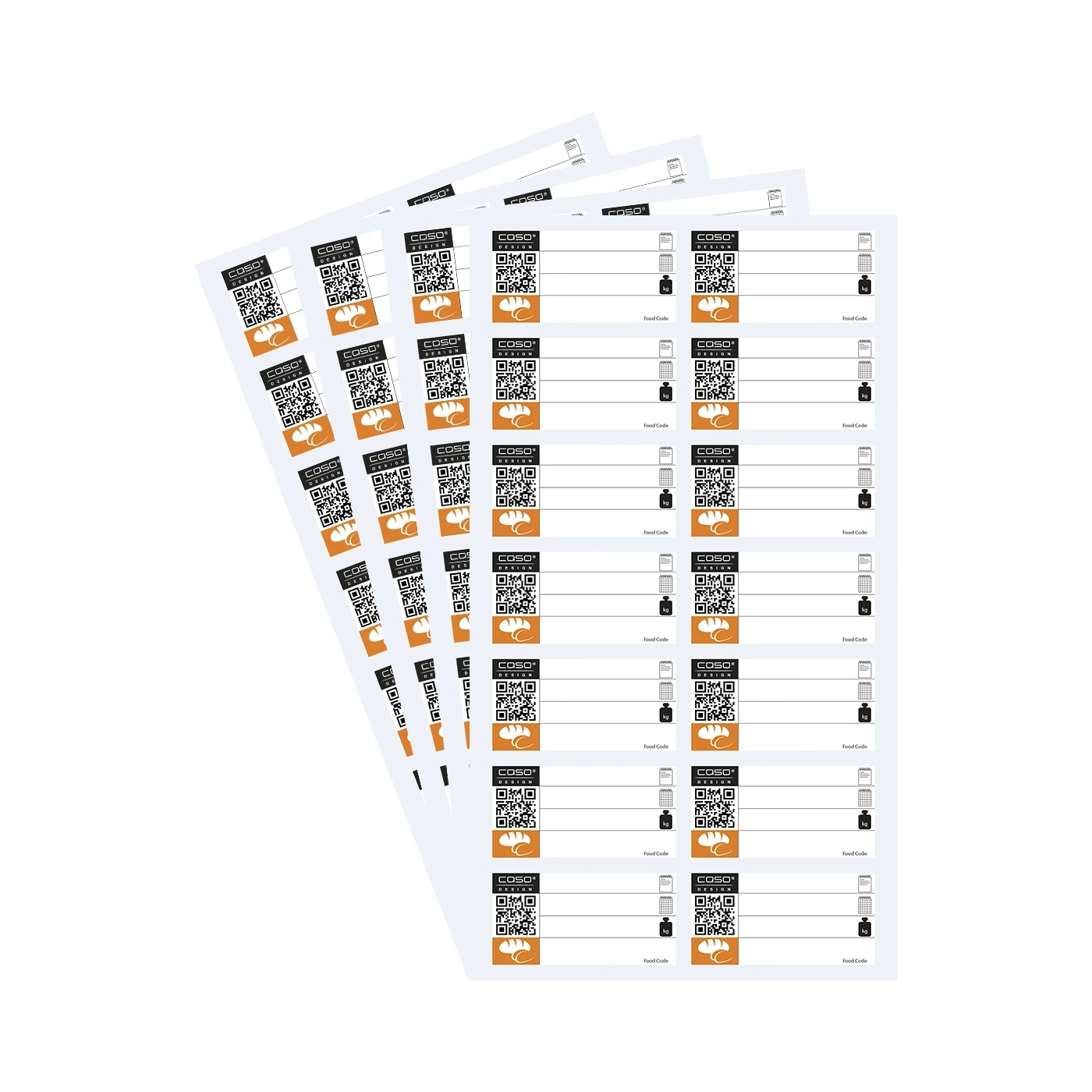 Etiketten mit QR-Codes, Brot-Symbolen und Textfeldern für Lebensmittelcodes.