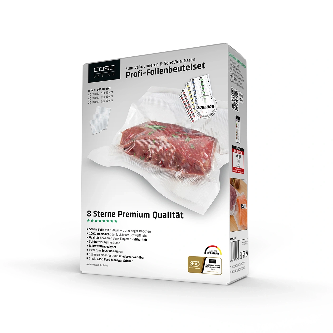 Verpackung für CASO Vakuumierbeutel Profi-Folienbeutelset mit Fleisch.