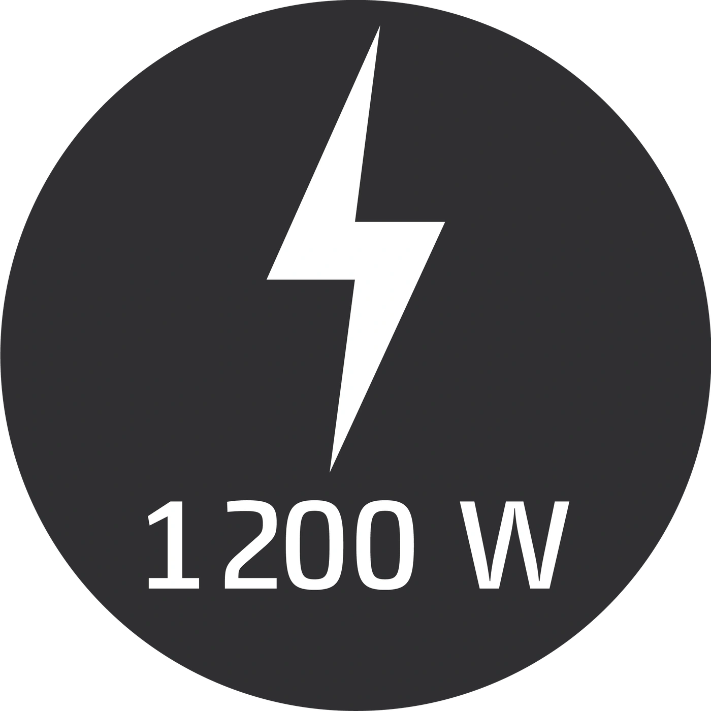 Power symbol with 1200 W in a dark circle, electricity icon