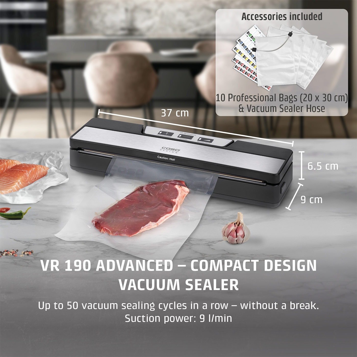 Vacuum sealer with accessories, meat and garlic on a countertop.