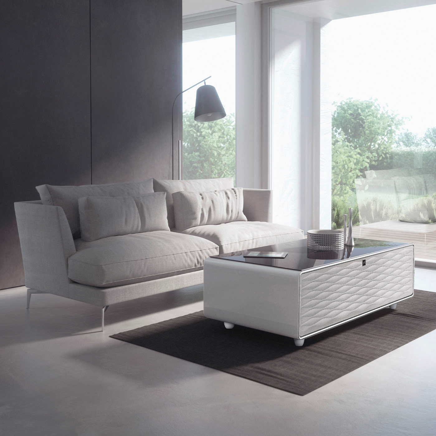 Graues Sofa, Couchtisch, Lampe, Fenster, Innenraum, Wohnzimmer, modern, hell