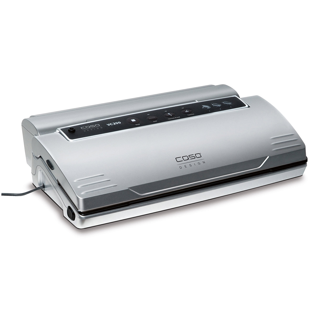 Silver Caso Design VC200 vacuum sealer on white background, close-up shot, product