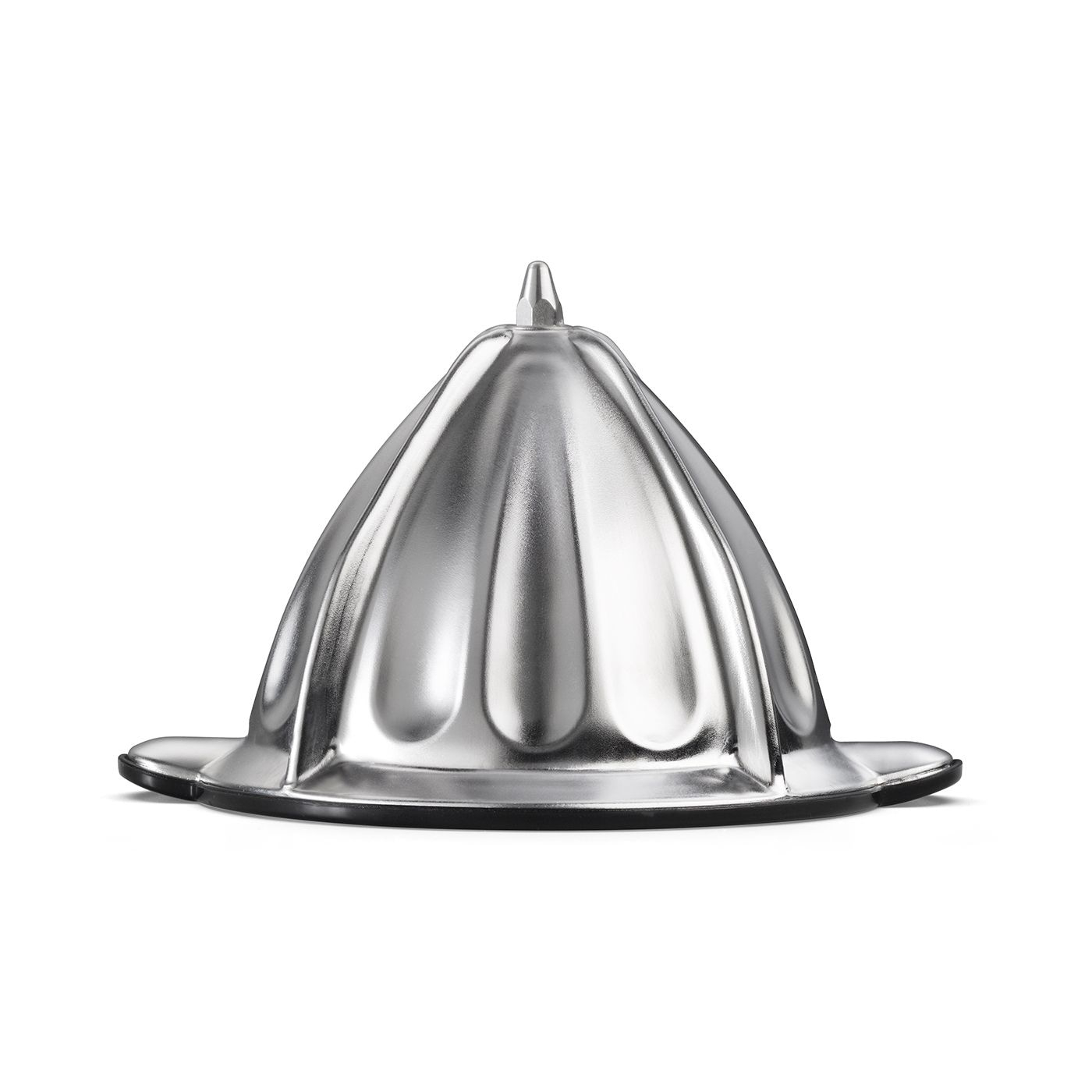 Shiny silver citrus juicer, cone-shaped, with black rim and a small pointed top.