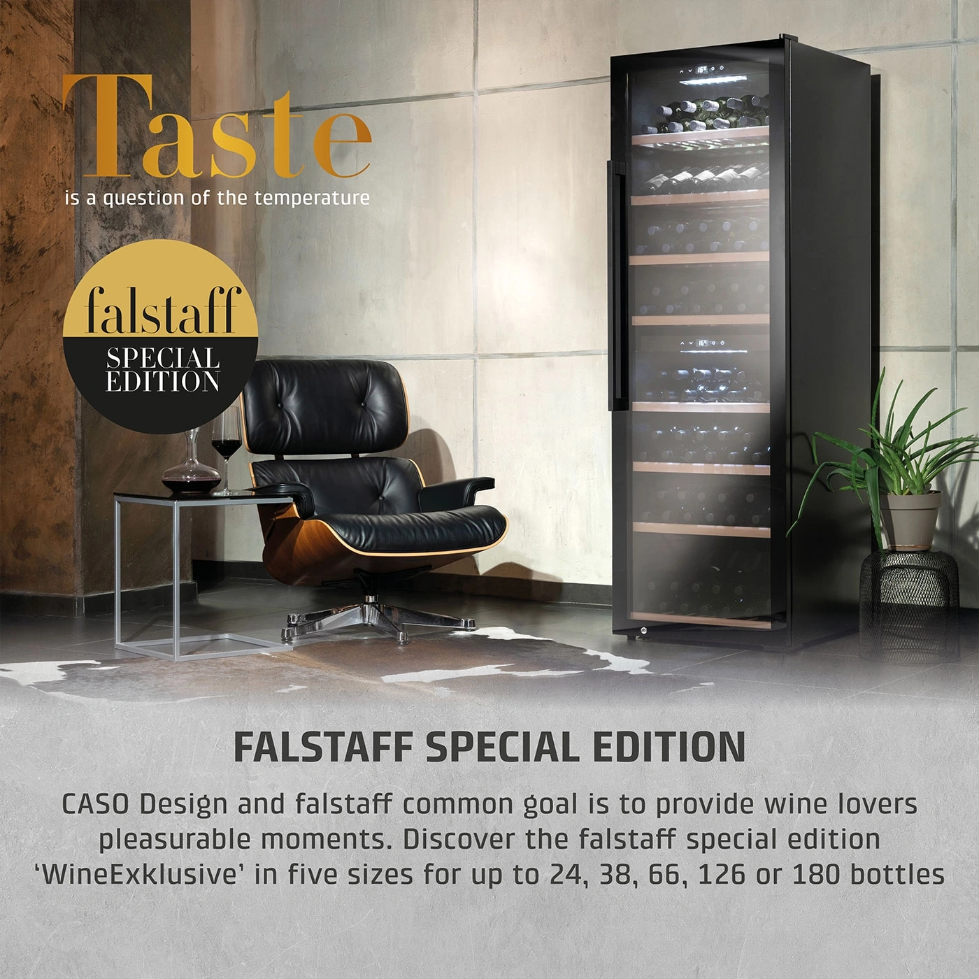 Wine cooler with text, chair and plant. Falstaff Special Edition.