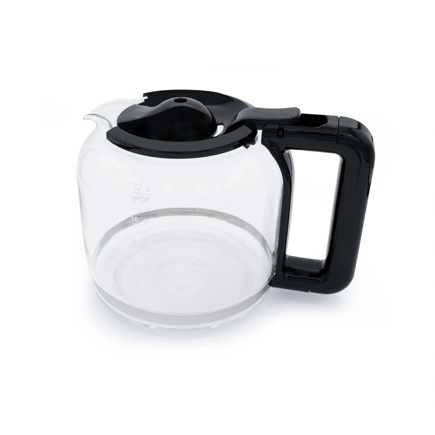 Glass coffee pot with black handle and lid, isolated on white background