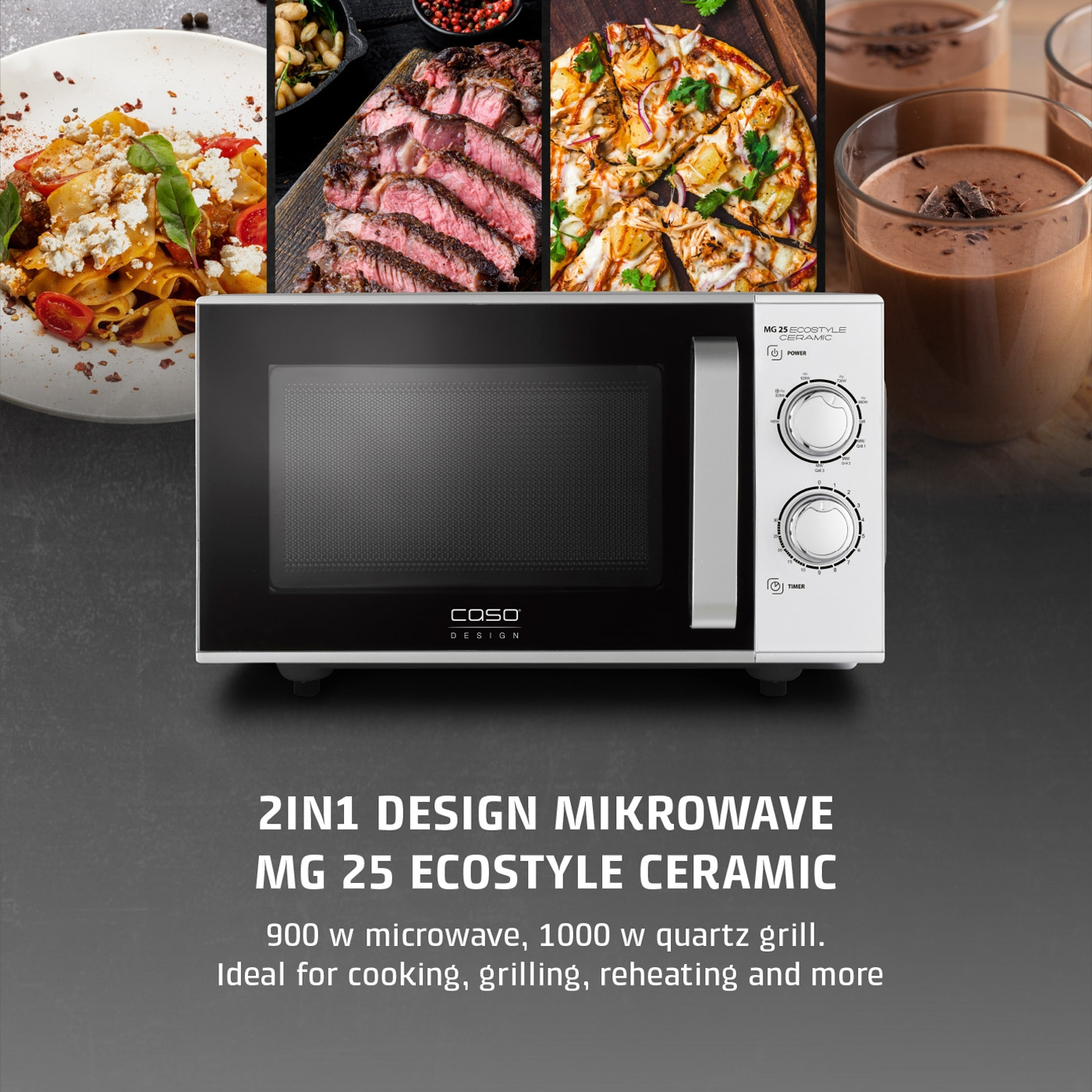 Microwave with food, 2in1 design, MG 25 ECOSTYLE CERAMIC, 900 W, 1000 W quartz grill.