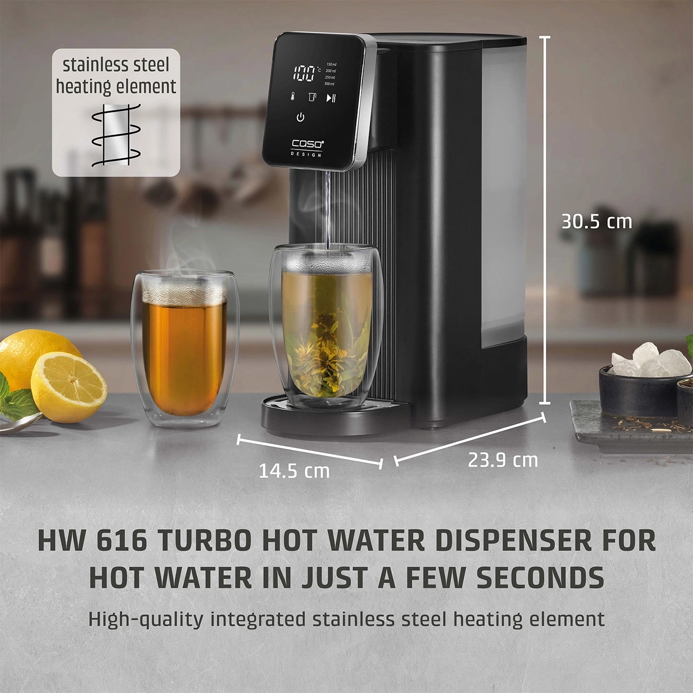Hot water dispenser, 30.5 cm high, 23.9 cm wide, 14.5 cm deep, with stainless steel heating element.