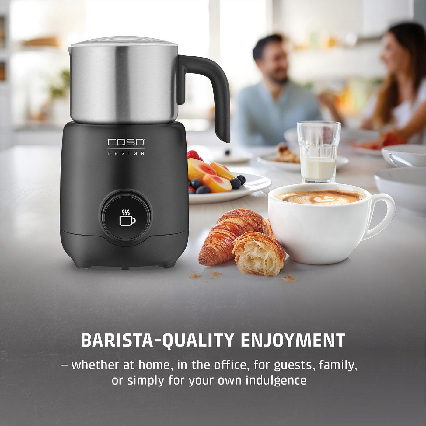 Milk frother with coffee and croissant, barista feeling for home or office.