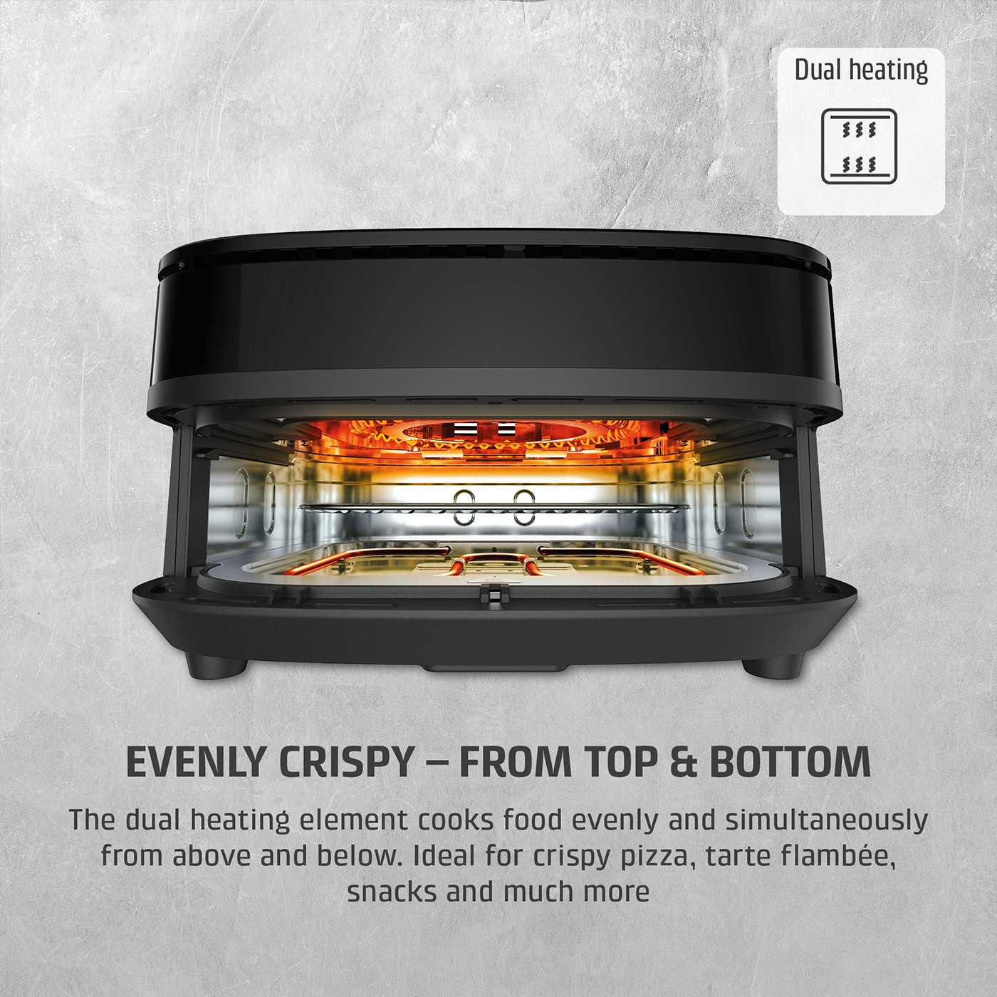 An air fryer with dual heating elements for evenly crispy results from top and bottom.