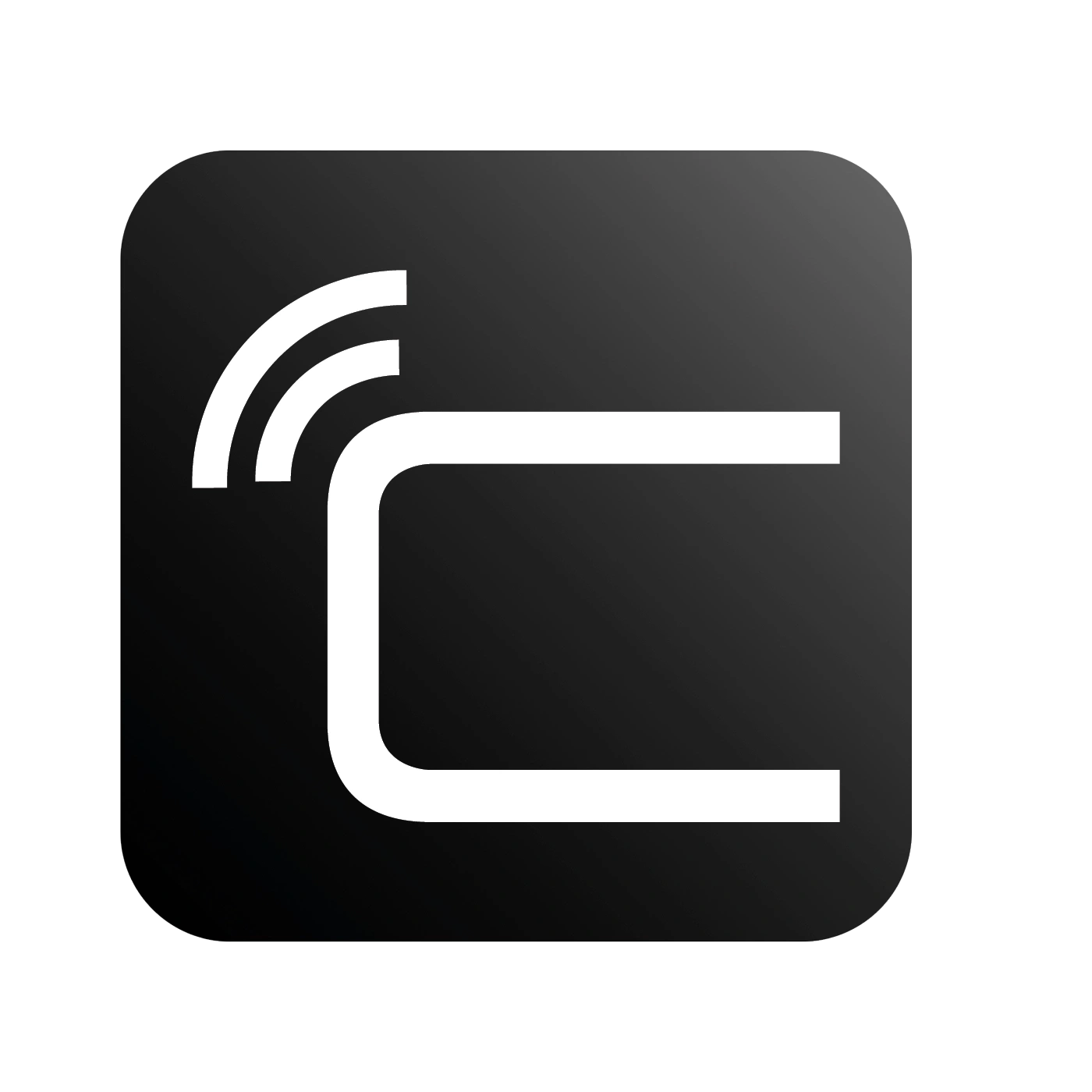 A white C symbol with three wifi signal lines on a black background.