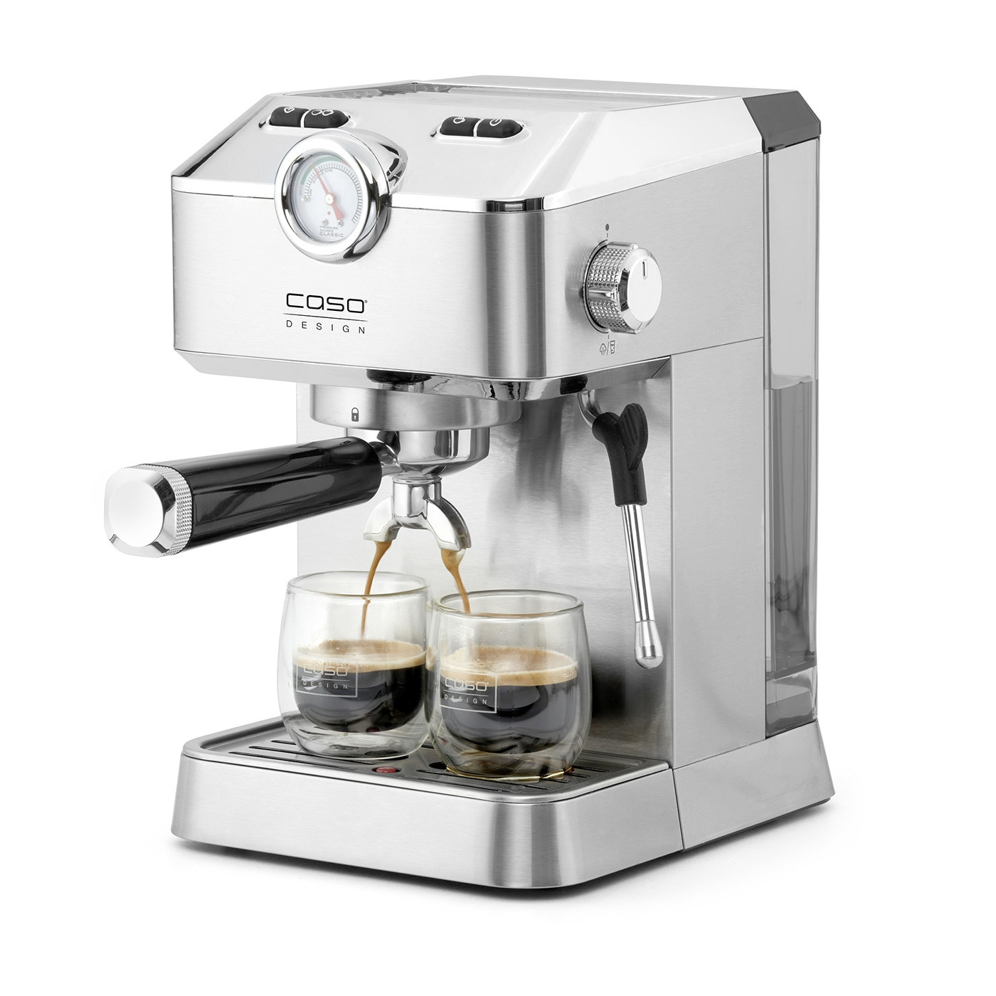 Stainless steel espresso machine, two glasses, coffee brewing, Caso Design