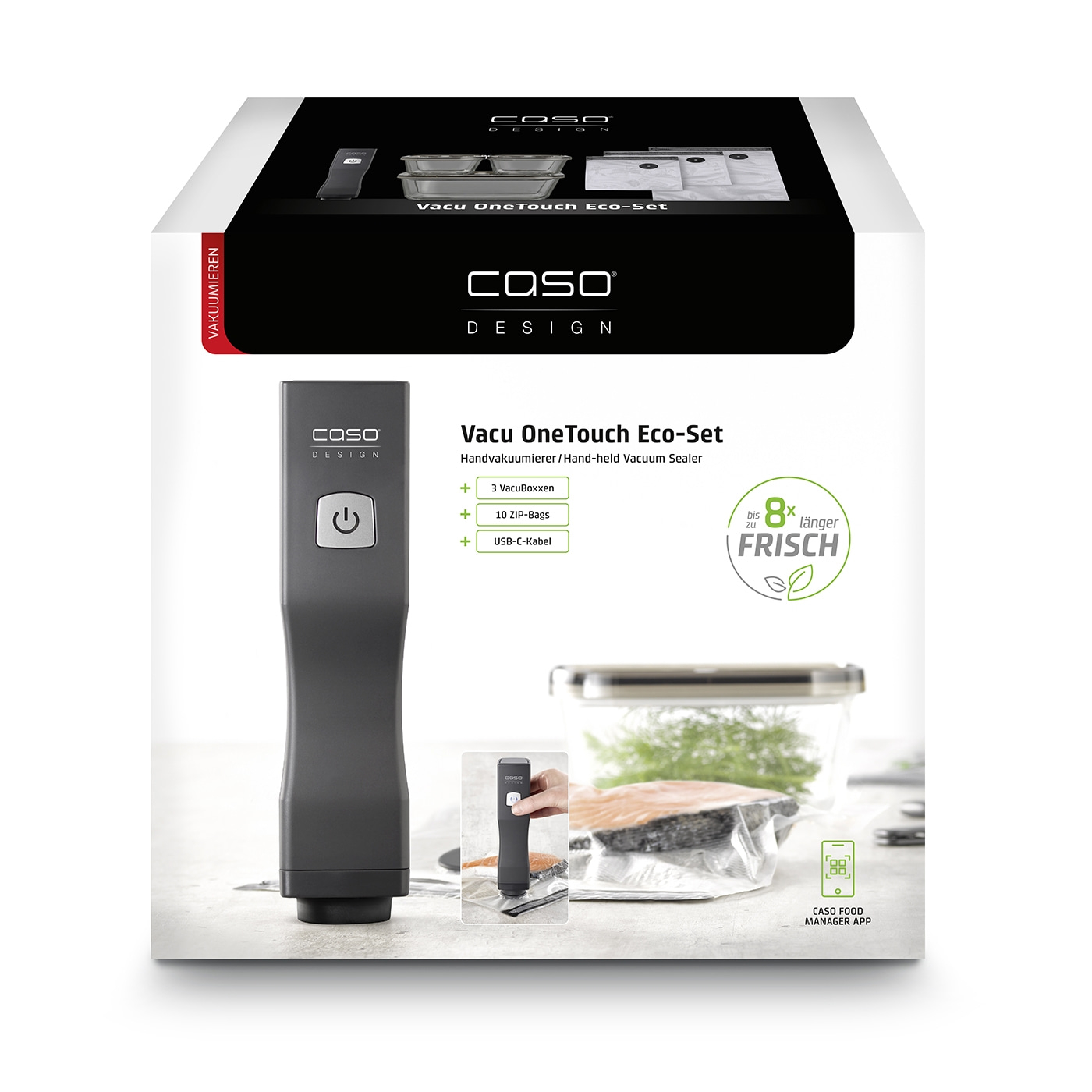 Caso Vacu OneTouch Eco-Set, Handvakuumierer, 3 VacuBoxxen, 10 ZIP-Bags, USB-C-Kabel