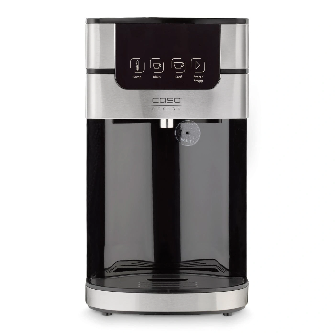 Kaffeemaschine mit Bedienfeld und Reset-Taste, silber und schwarz.