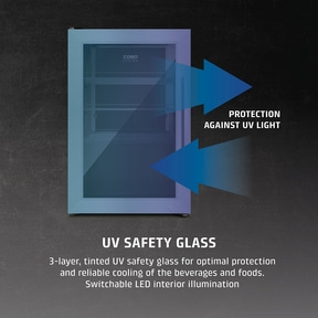 Refrigerator with UV safety glass, blocks UV light, 3-layer, tinted, LED interior lighting.