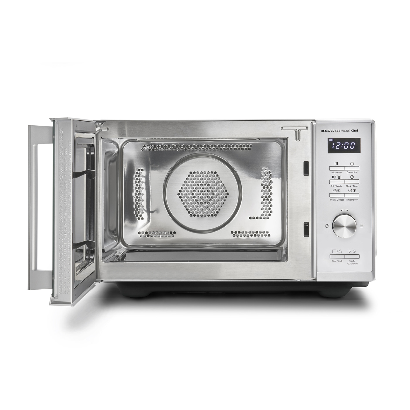 Mikrowelle mit offener Tür, Bedienfeld, Uhr, Tasten, Edelstahl, HCMG 25 Ceramic Chef