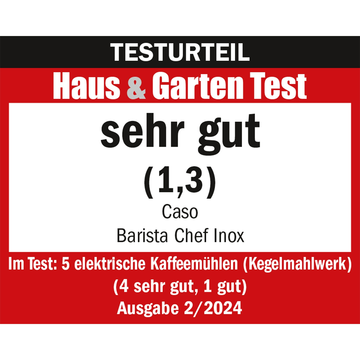 Testurteil Haus & Garten Test, sehr gut (1,3), Caso Barista Chef Inox, Ausgabe 2/2024