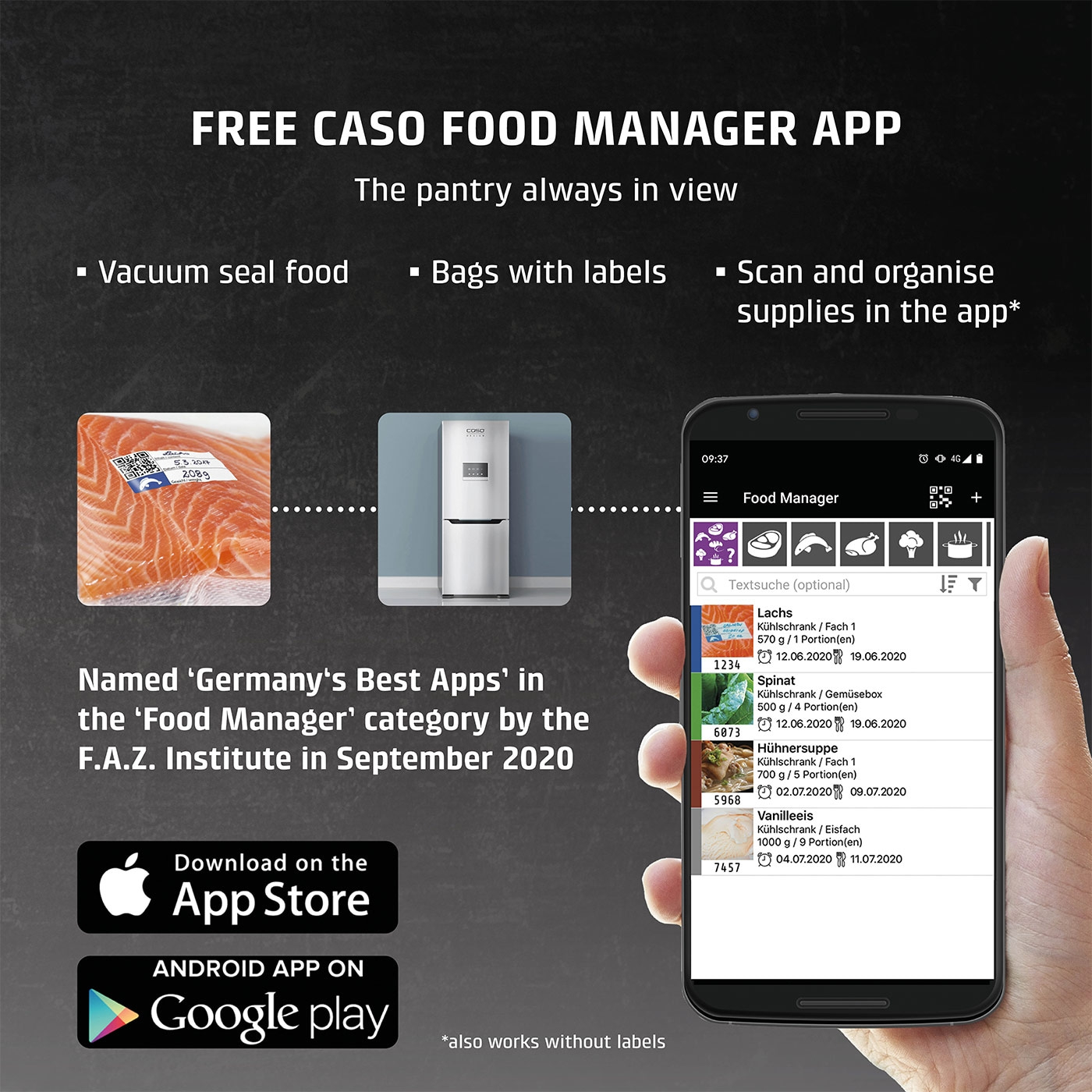 Caso Food Manager App: Vacuum food, scan, organize. Awarded as best app.