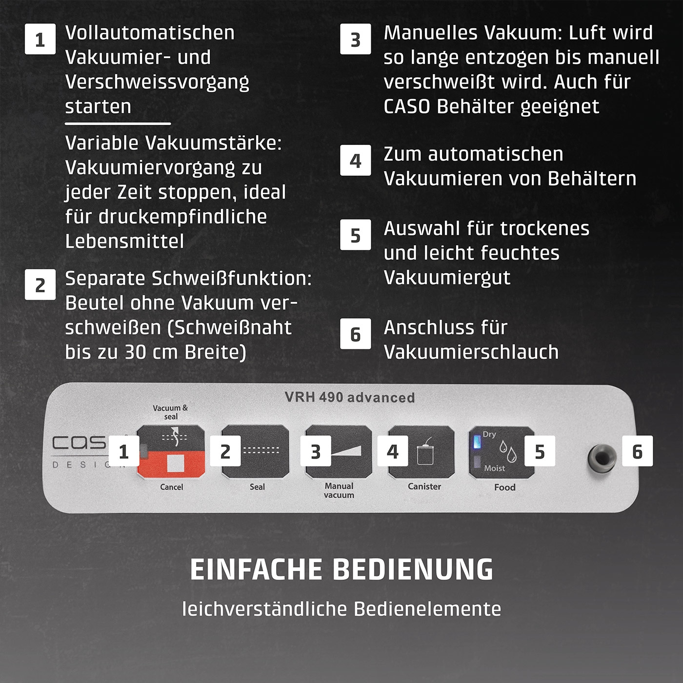 Vacuum sealer with features: vacuum, seal, manual, canister, dry/moist food.