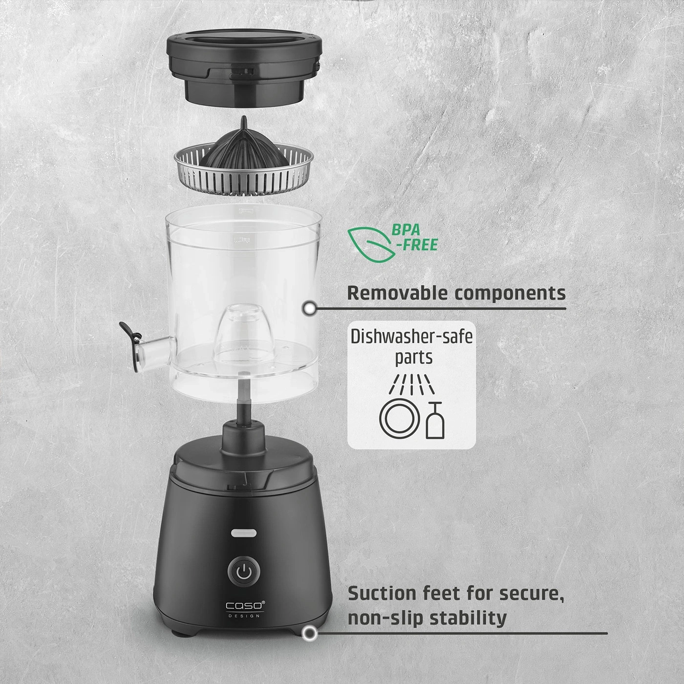 An electric citrus juicer with detachable parts and dishwasher suitability.