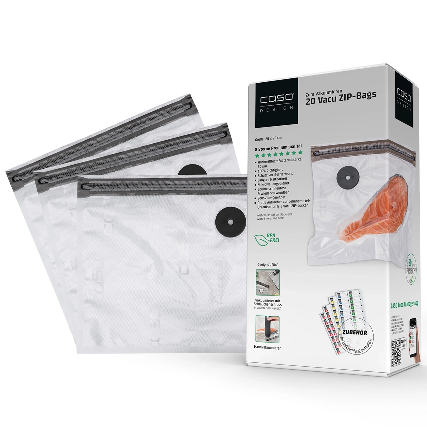 Caso Design 20 Vacu ZIP-Bags, BPA-frei, für Vakuumierer, 26x23cm, 8 Sterne Premiumqualität