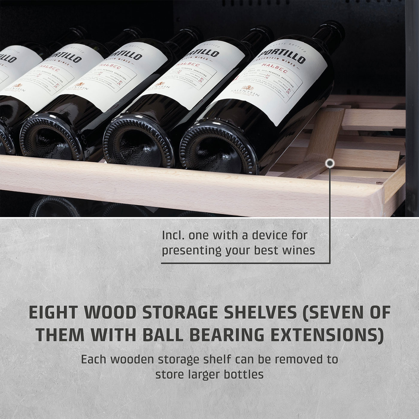 Wine cooler with wooden shelves and wine bottles, presentation of wines, storage
