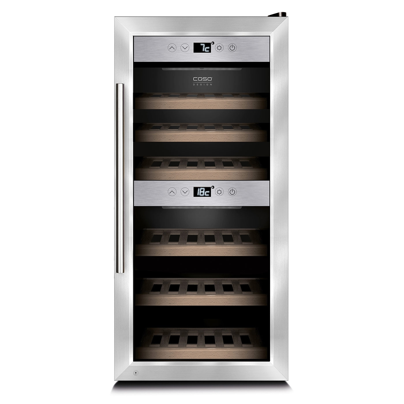 Weinkühlschrank mit Temperaturanzeige und Holzregalen, Caso Design