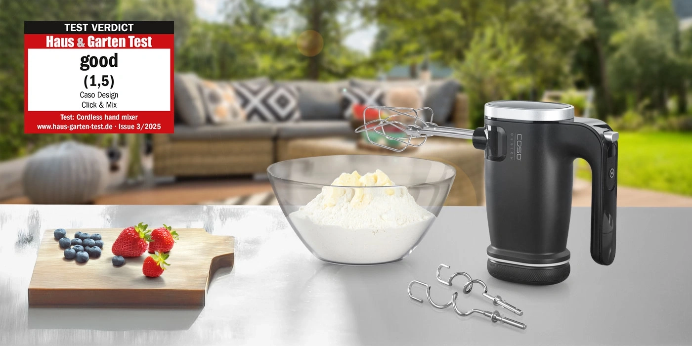 Hand mixer, berries, flour, butter, test verdict, Caso Design, Click & Mix, garden