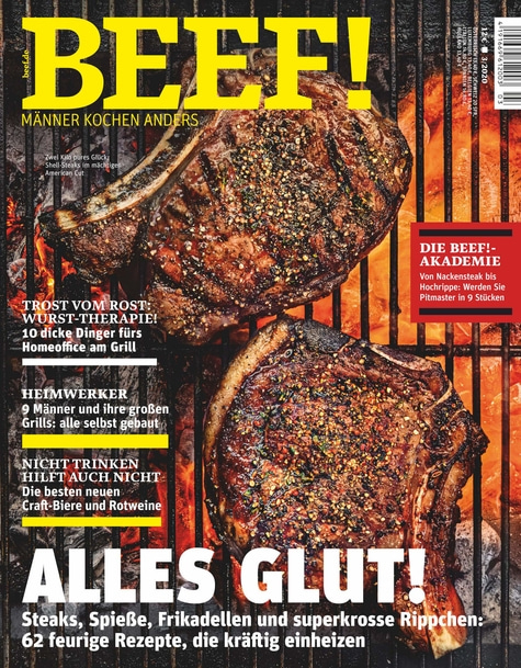BEEF! Magazin Cover: Gegrilltes Fleisch, Rezepte, Männer, Grillen, Bier, Rotwein, alles Glut!