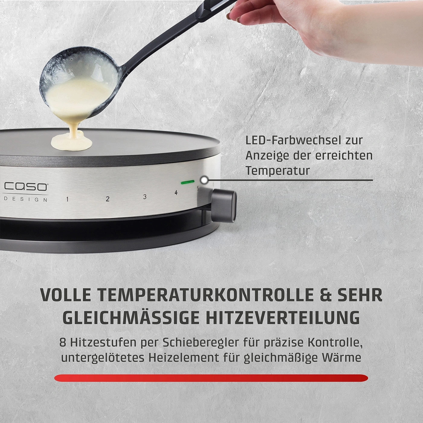 Eine Hand gießt Teig auf eine heiße Platte mit Temperaturregelung.