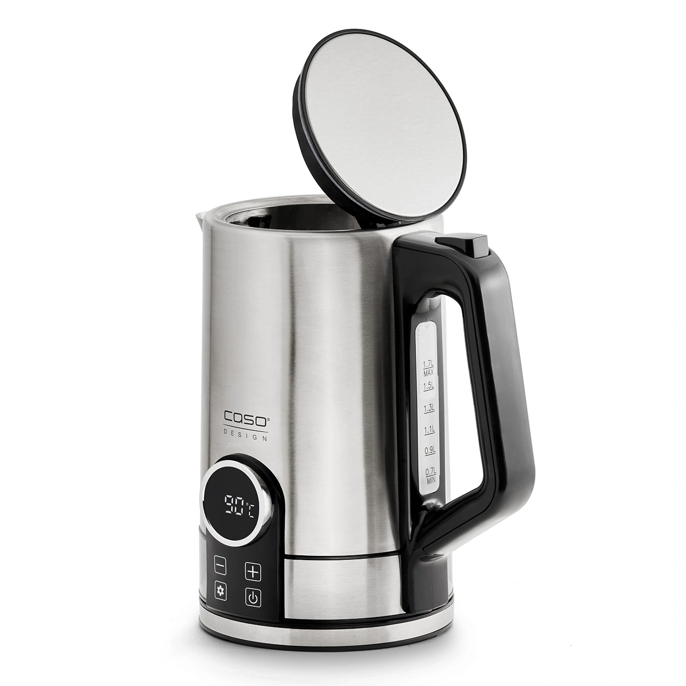 Stainless steel electric kettle with digital display and open lid, ready to boil water.