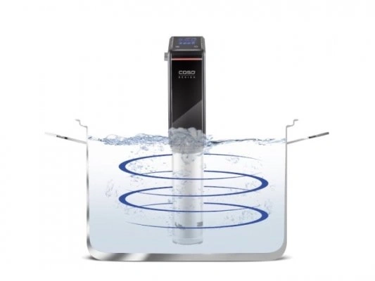 A sous vide cooker with a digital display in a pot of water circulating the water.
