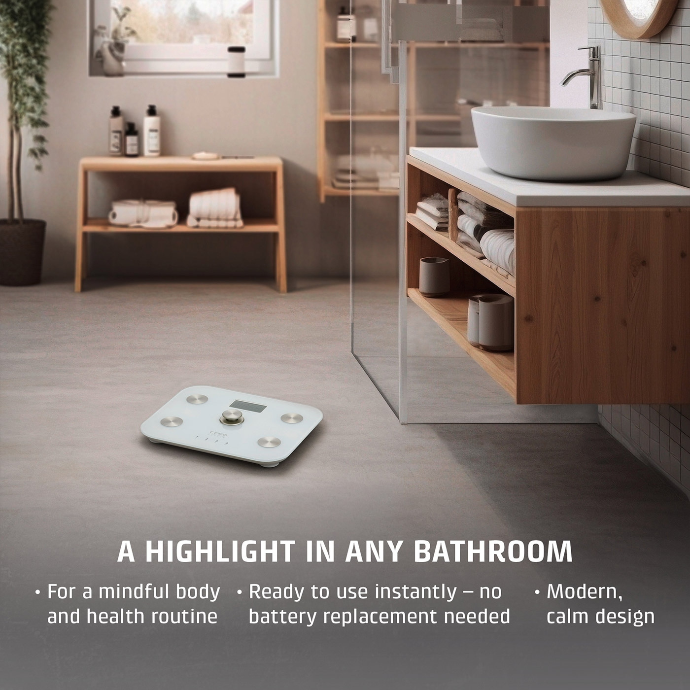 A white scale in a modern bathroom with wooden elements.