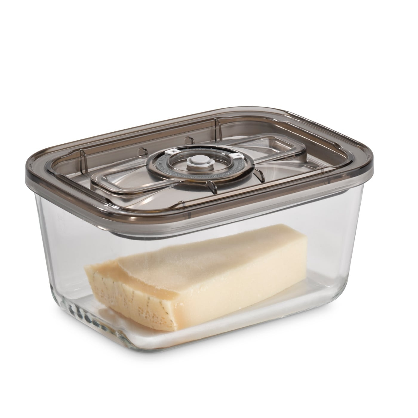 Cheese in a clear container with lid, isolated on a white background.