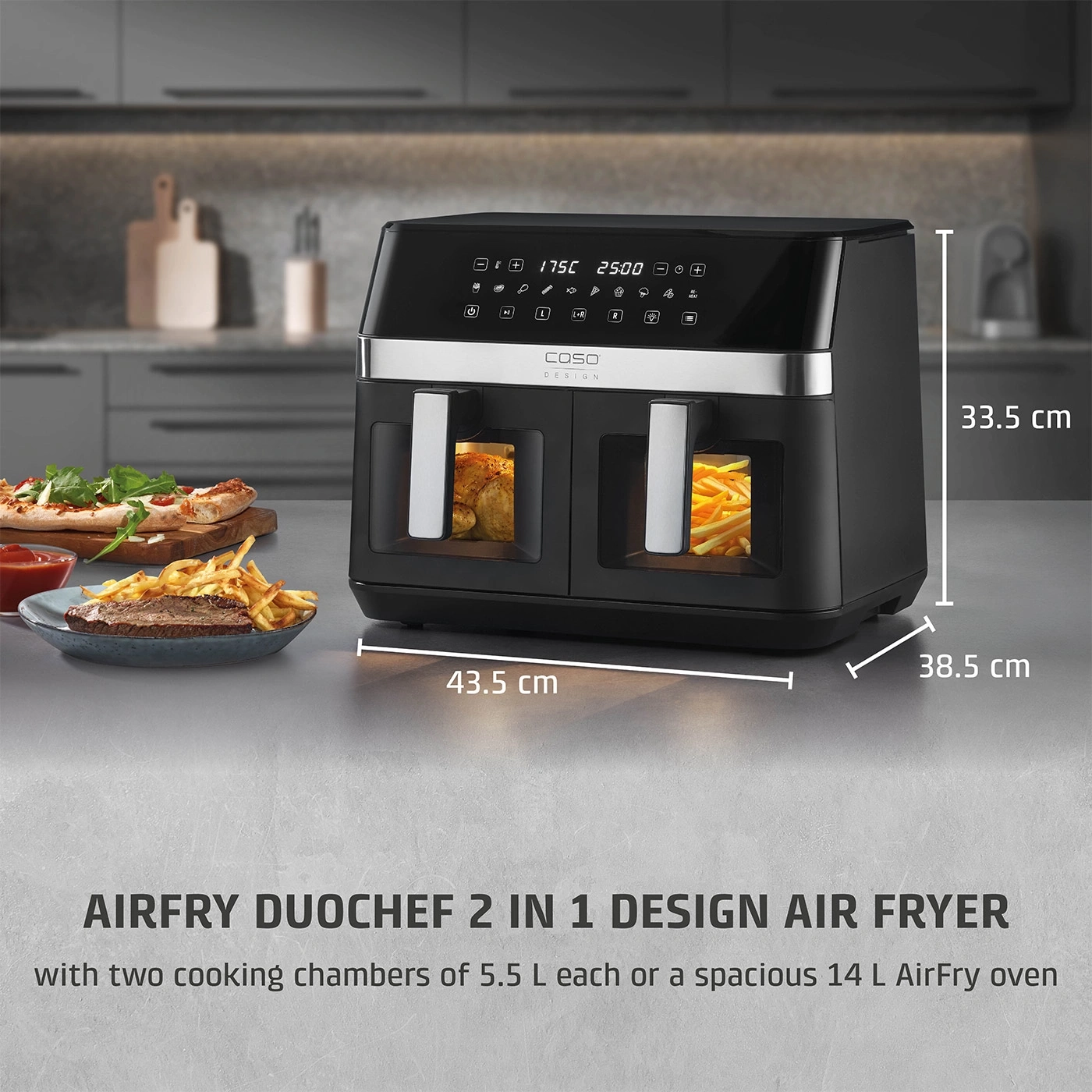 Airfryer with two chambers, 43.5 cm wide, 33.5 cm high, 38.5 cm deep, 14 I volume