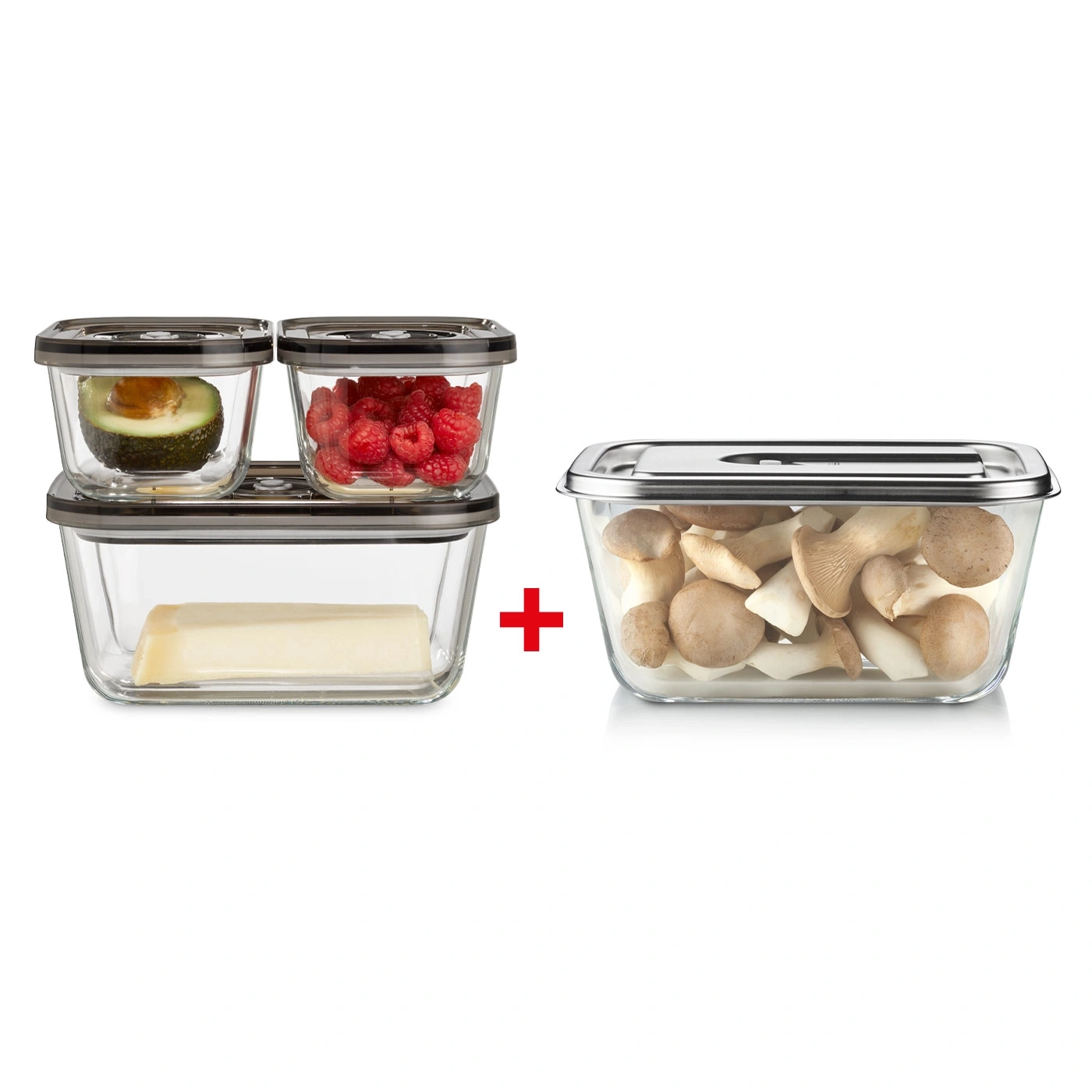 Glass containers with avocado, raspberries, cheese, mushrooms, and a plus sign.