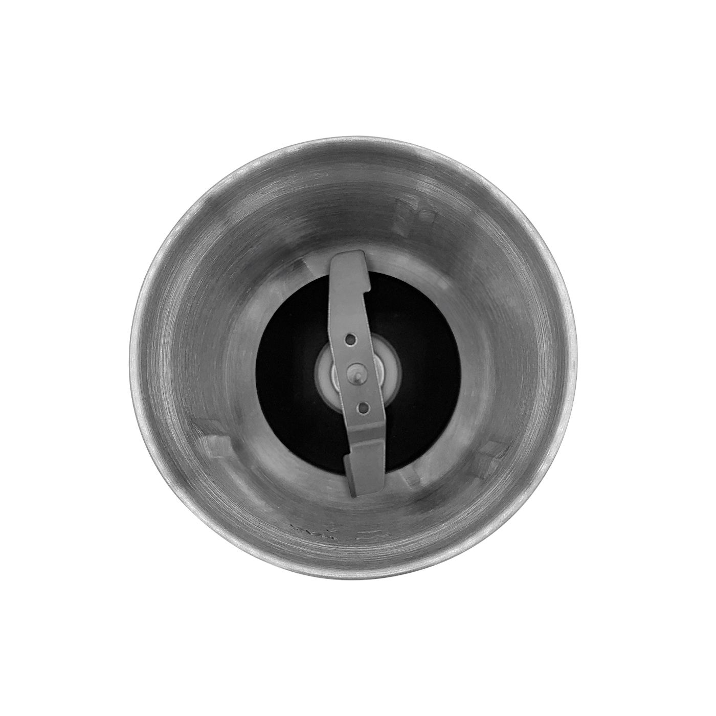 Draufsicht auf einen Metallbehälter mit einem Messer in der Mitte.