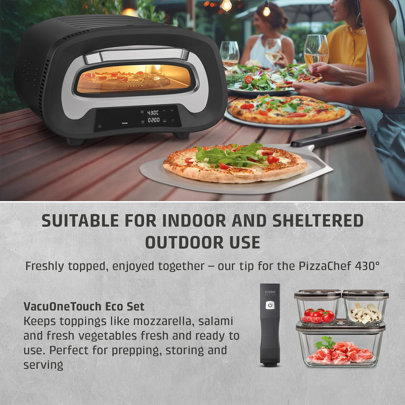 Pizza oven with pizza and people eating and enjoying pizza.