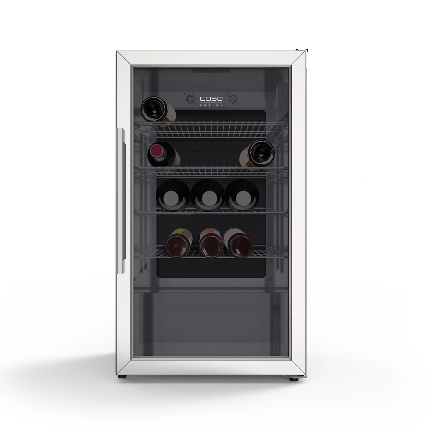 Weinkühlschrank mit Glasfront und Flaschen, Caso Design, Edelstahl
