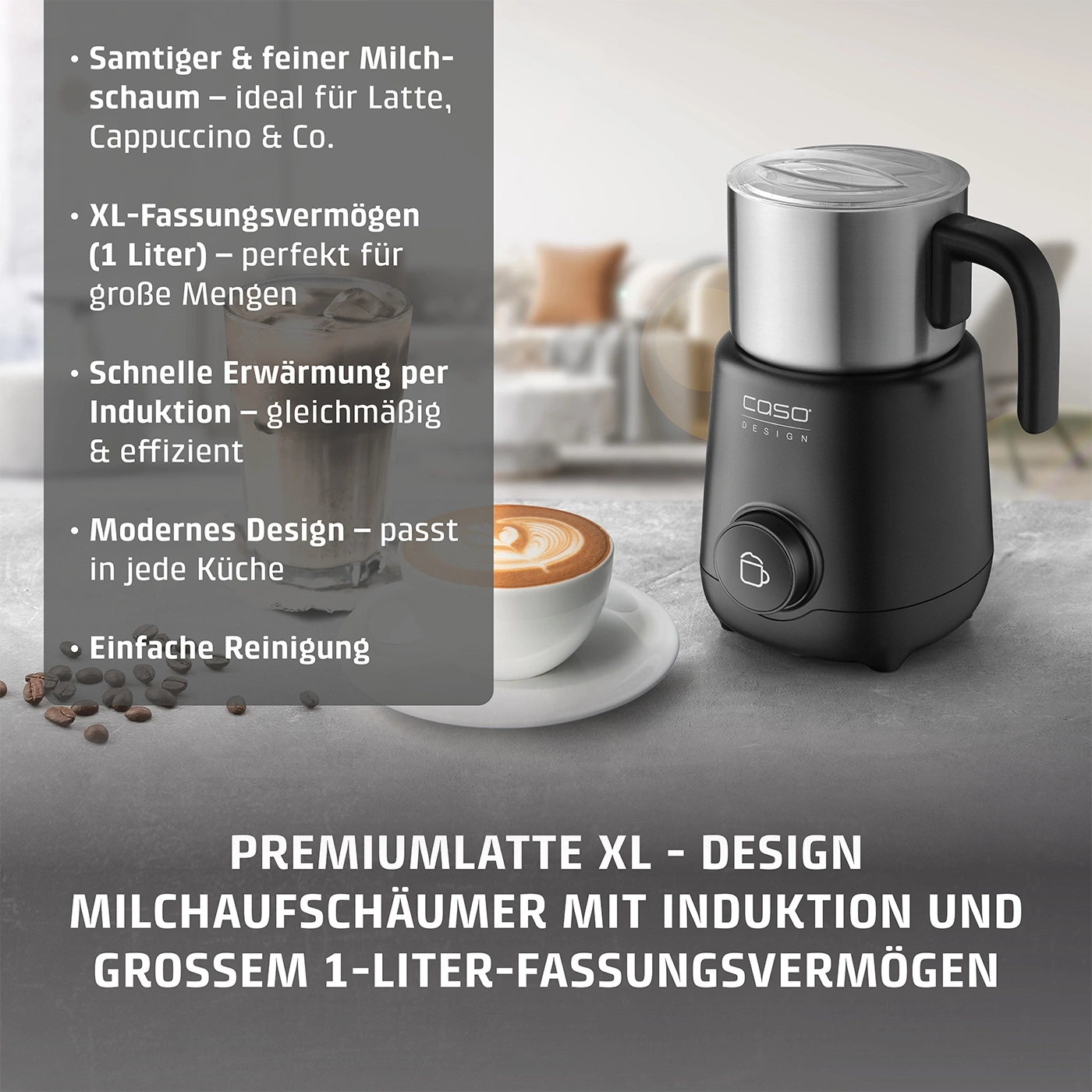 Milchaufschäumer mit Induktion, großem Fassungsvermögen und modernem Design.