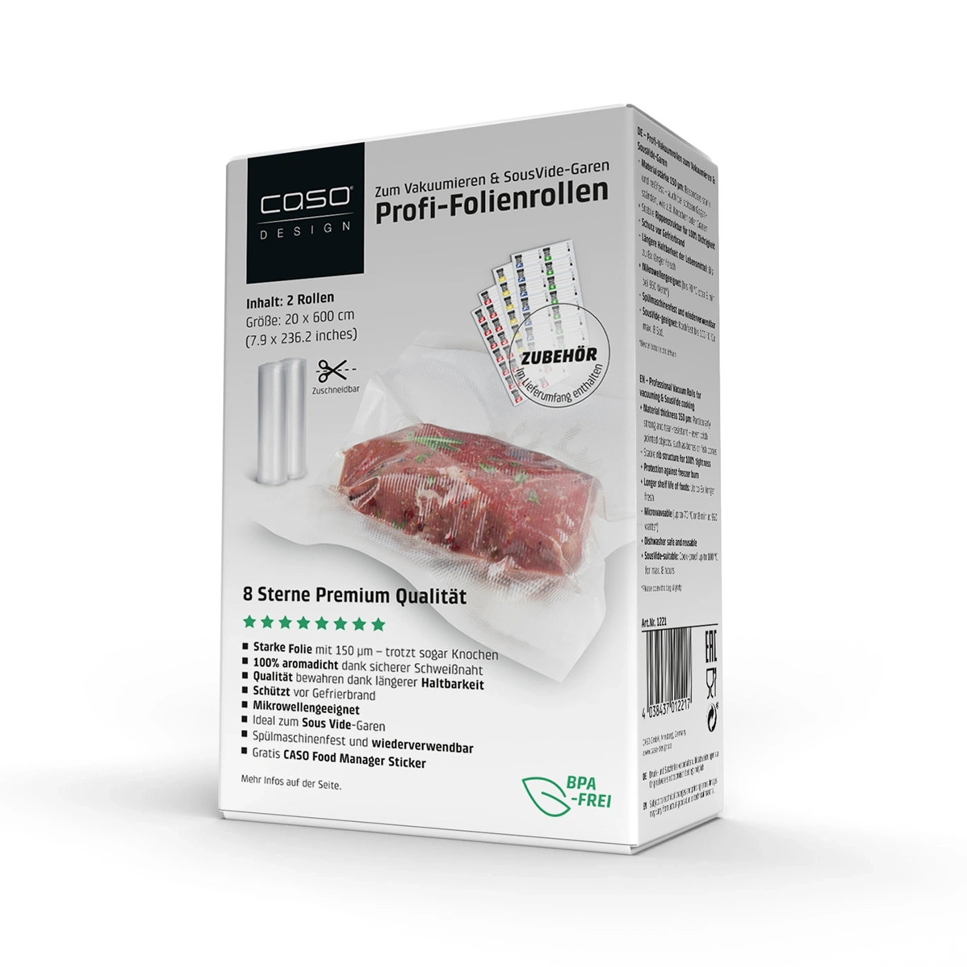 Profi-Folienrollen 20x600 cm, 2 Stück, 150 μm zum Vakuumieren + Sous Vide Garen