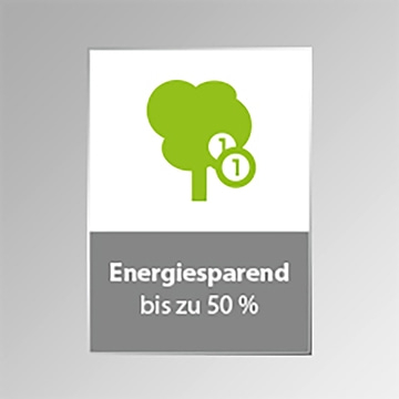 Energiesparend bis zu 50% mit Baum-Symbol und Zahl 1