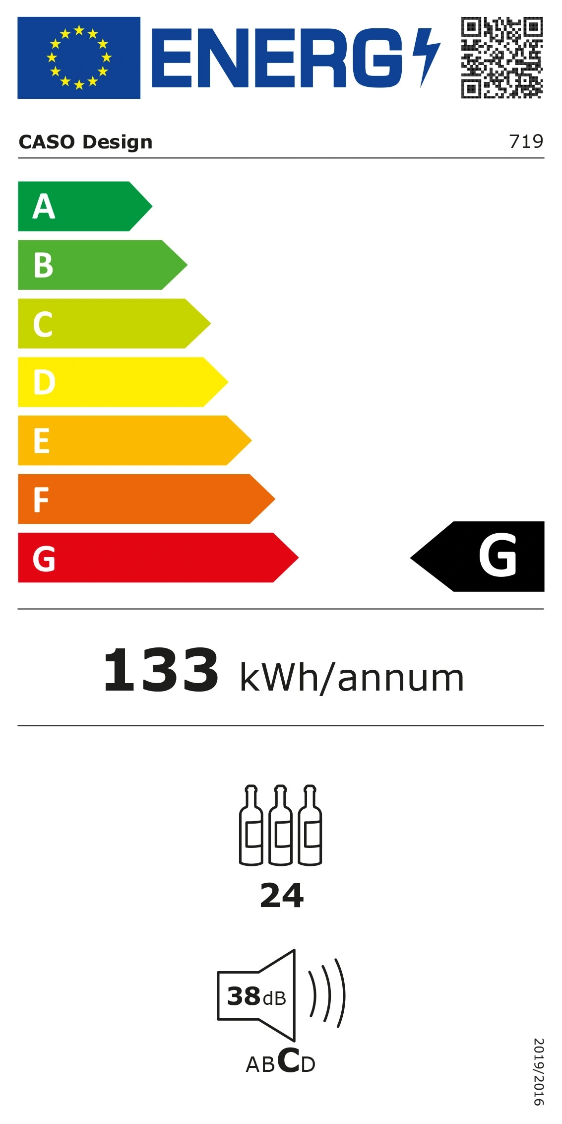Energy label for wine cooler with energy efficiency class G, 133 kWh/annum
