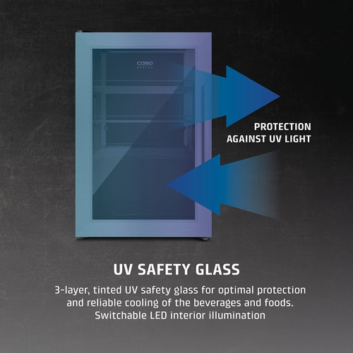 Refrigerator with UV safety glass, blocks UV light, 3-layer, tinted, LED interior lighting.