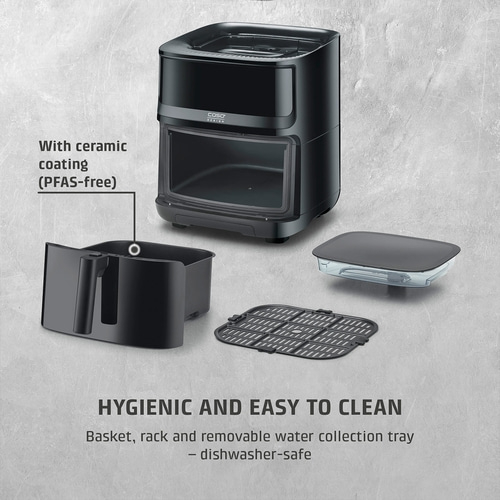 Black air fryer with accessories, hygienic and easy to clean, dishwasher safe, ceramic coating.