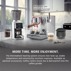 A coffee machine with a grinder and accessories on a countertop.