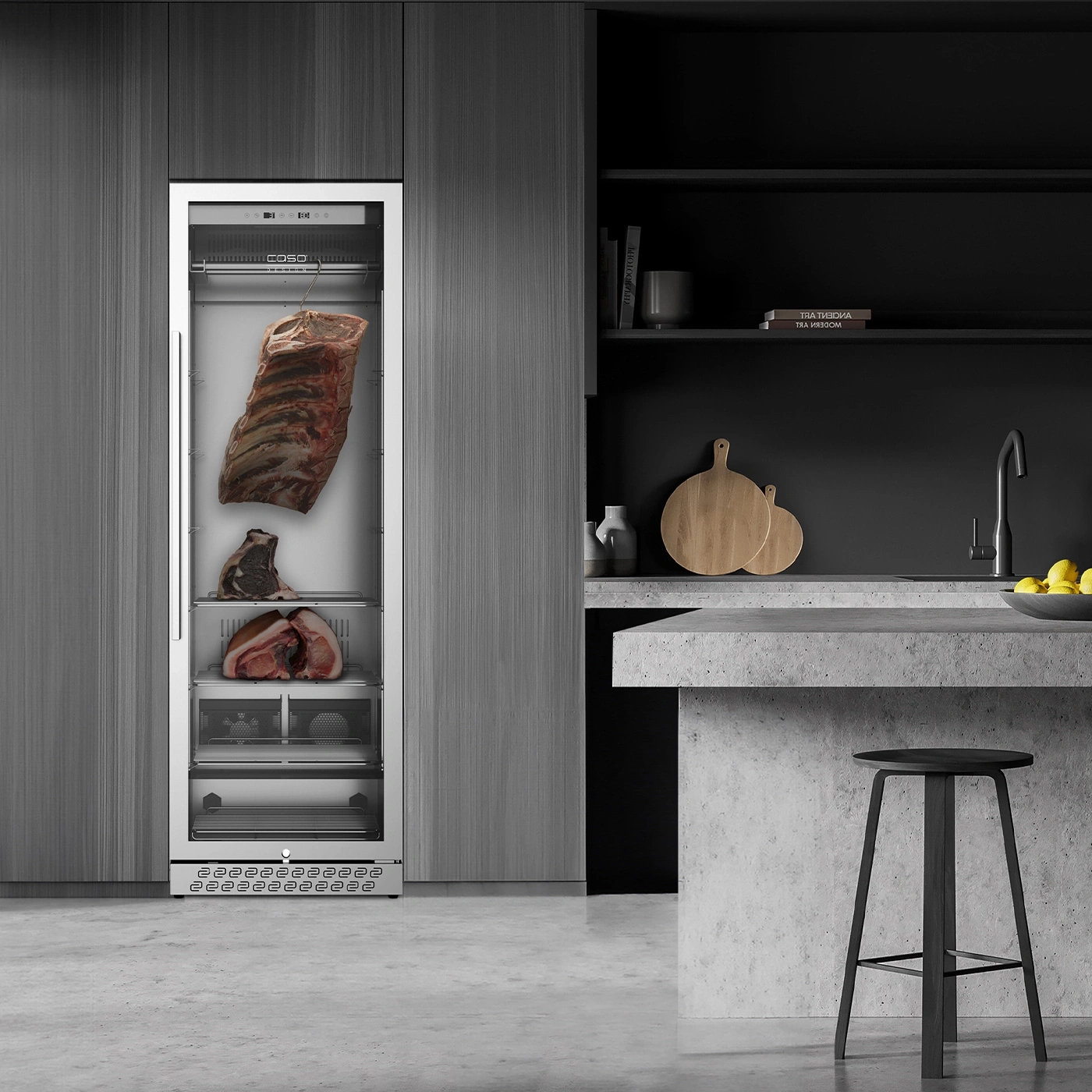 A modern refrigerator with meat inside next to a kitchen island.